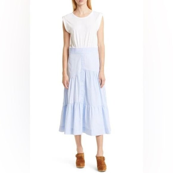 Veronica Beard Tilney Striped Jersey Paneled Cotton Poplin Midi Dress Large NWT - Picture 2 of 14